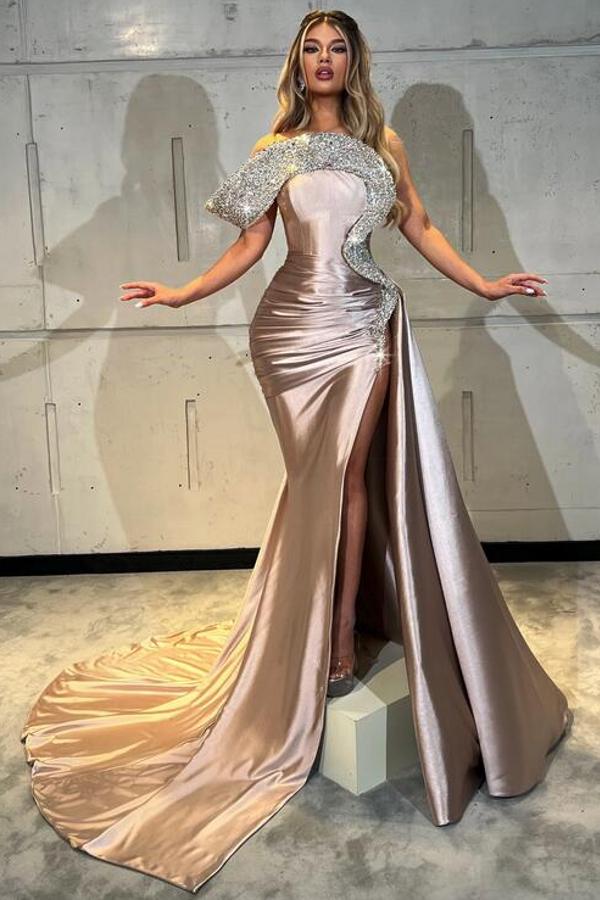 Long Mermaid Off The Shoulder Satin Beads Formal Prom Dresses with Slit-BallBride