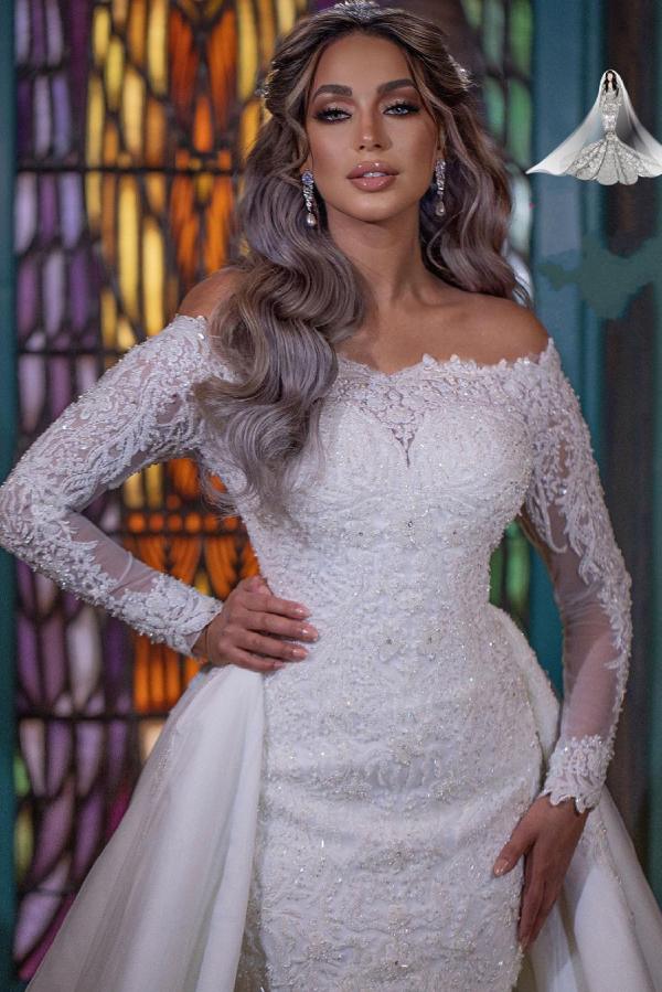 Long Mermaid Off-the-Shoulder Wedding Dress With Detachable Sleeves-BallBride