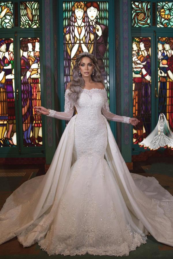 Long Mermaid Off-the-Shoulder Wedding Dress With Detachable Sleeves-BallBride