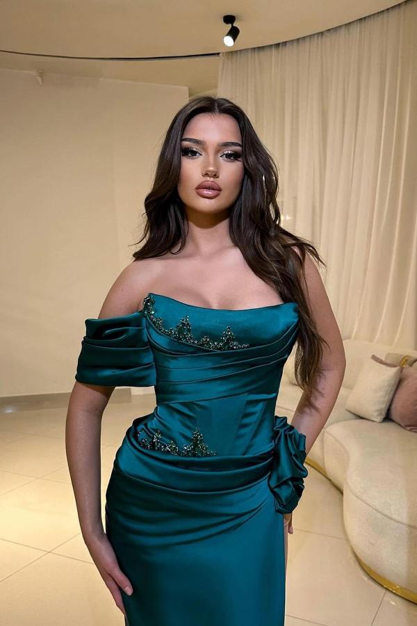 Long Mermaid One Shoulder Floor Length Satin Formal Prom Dresses-BallBride