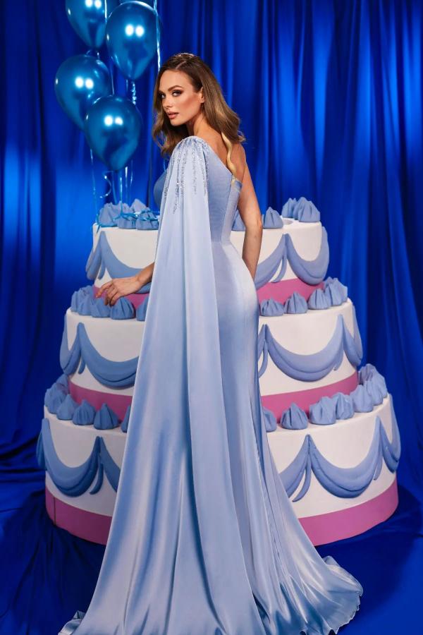 Long Mermaid One Shoulder Ruffle Satin Front Slit Formal Prom Dresses with Cape-BallBride