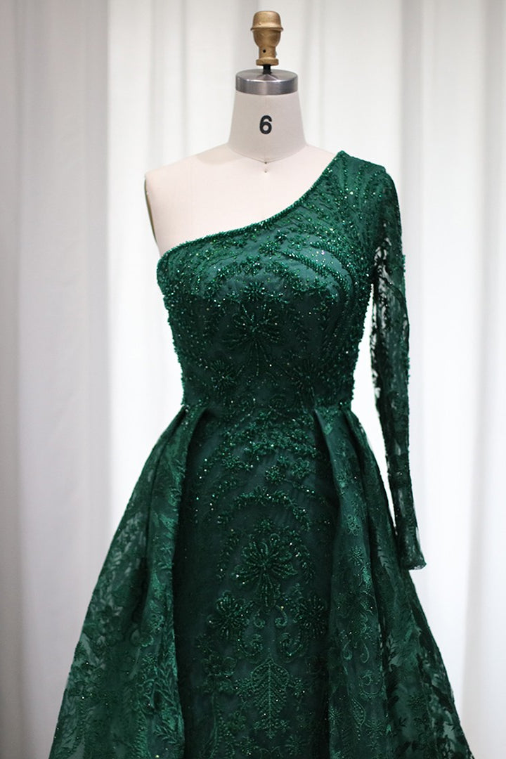 Long Mermaid One Shoulder Tulle Tulle Formal Prom Dress with Appliques Lace-BallBride