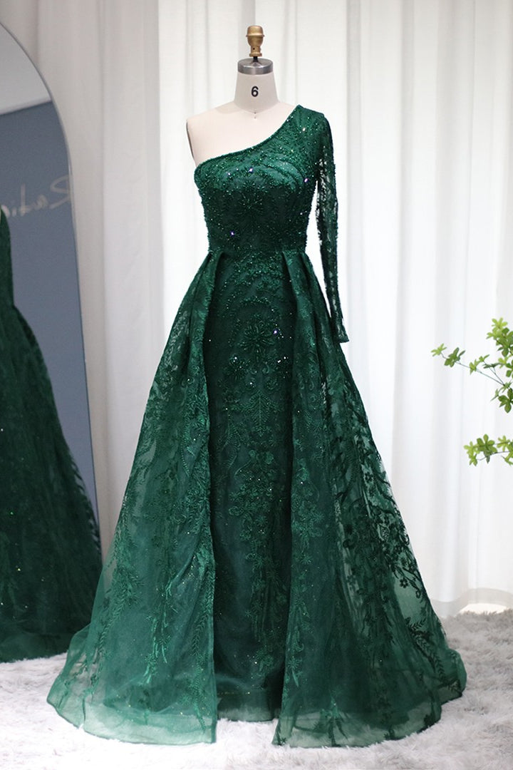 Long Mermaid One Shoulder Tulle Tulle Formal Prom Dress with Appliques Lace-BallBride