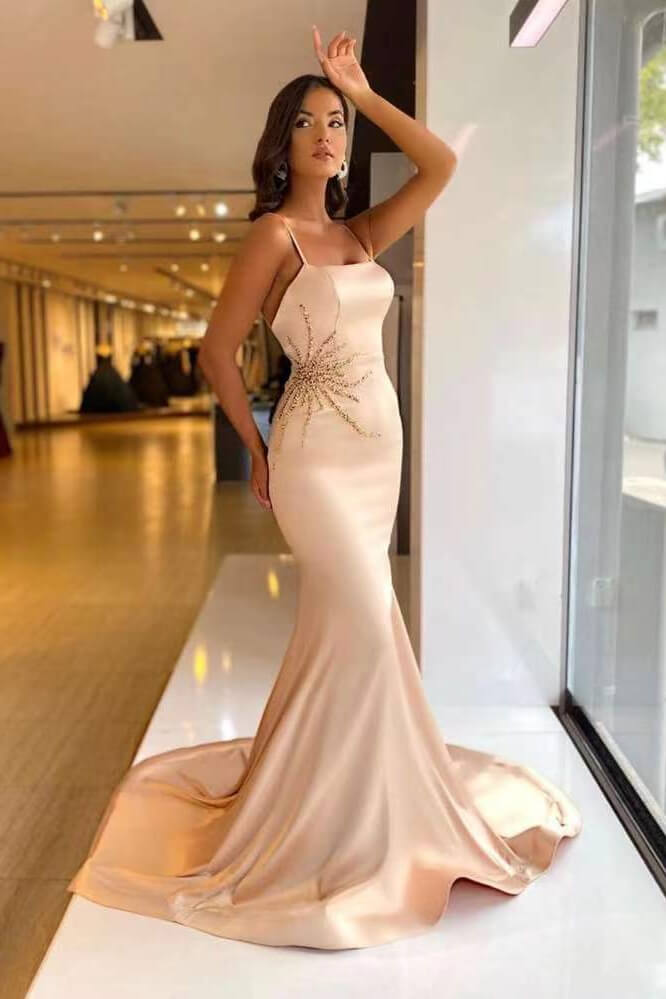Long Mermaid Spaghetti-Straps Prom Dress with Beads-BallBride