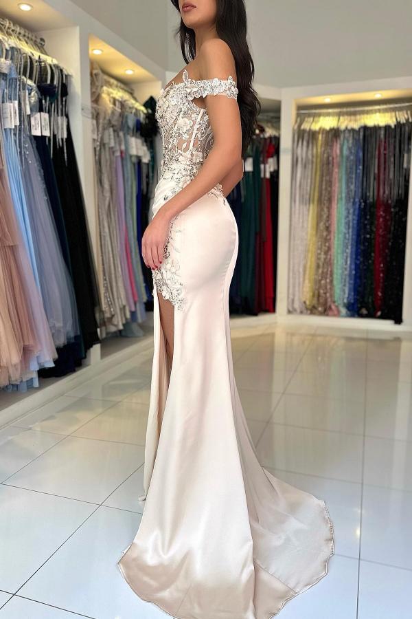 Long Mermaid Sweetheart Off-The-Shoulder Satin Appliques Lace Formal Prom Dresses-BallBride