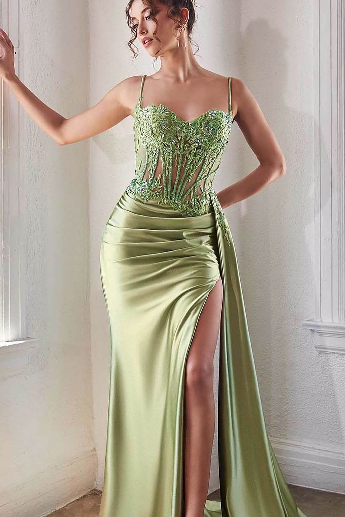 Long Mermaid Sweetheart Spaghetti Straps Satin Lace Prom Dresses with Slit-BallBride