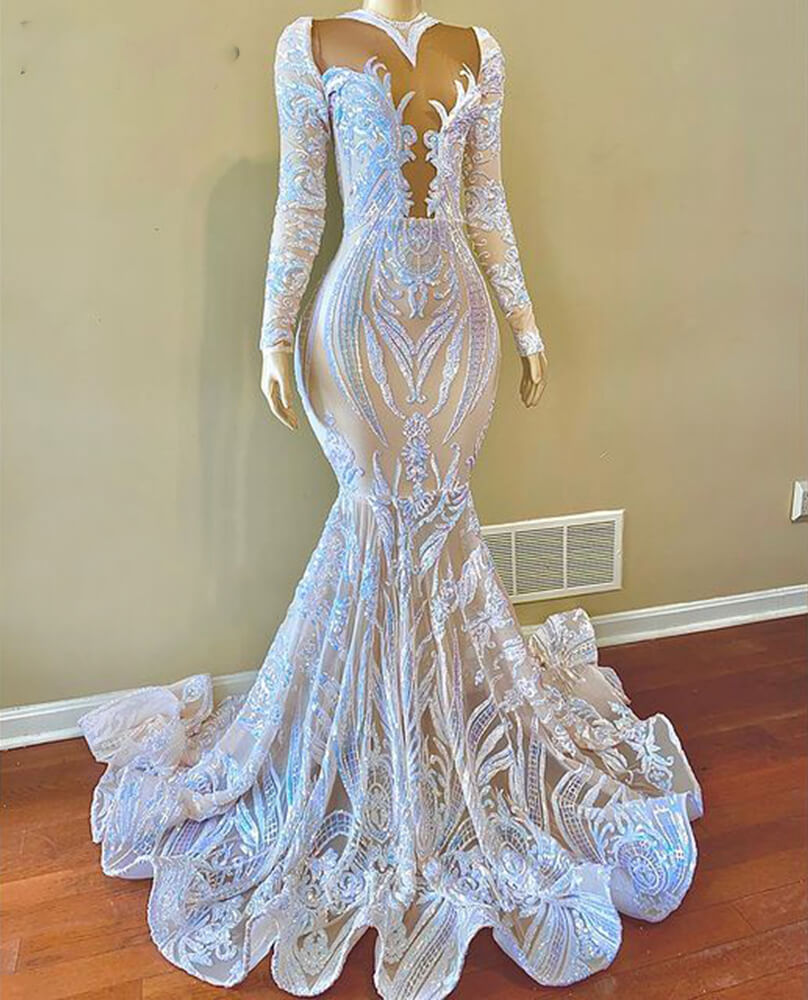 Long Mermaid V-neck Lace Formal Prom Dress with Sleeves-BallBride