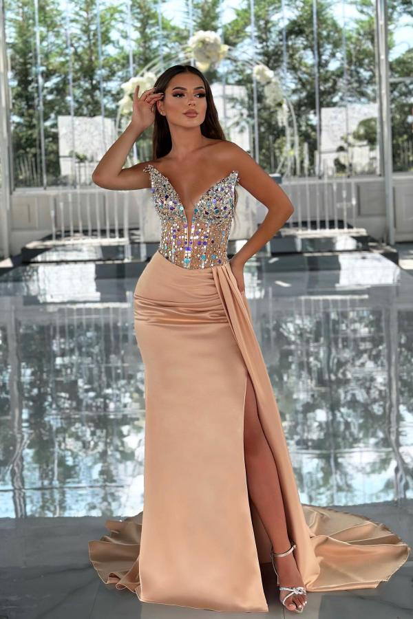 Long Mermaid V-neck Sleeveless Satin Formal Prom Dresses with Sweep Train-BallBride