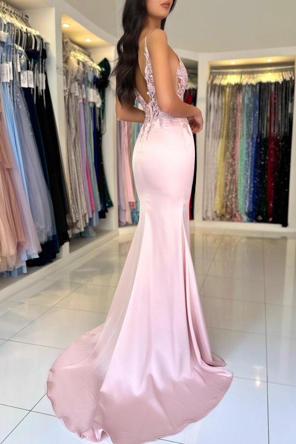 Long Mermaid V-Neck Spaghetti Strapless Sleeveless Satin Lace Prom Dresses with Slit-BallBride