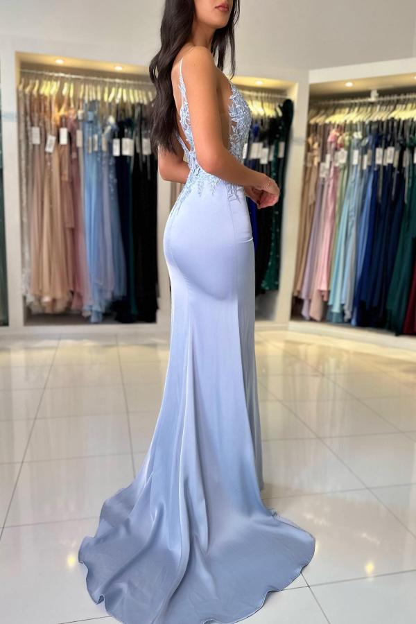 Long Mermaid V-Neck Spaghetti Straps Sleeveless Split Front Backless Prom Dresses-BallBride