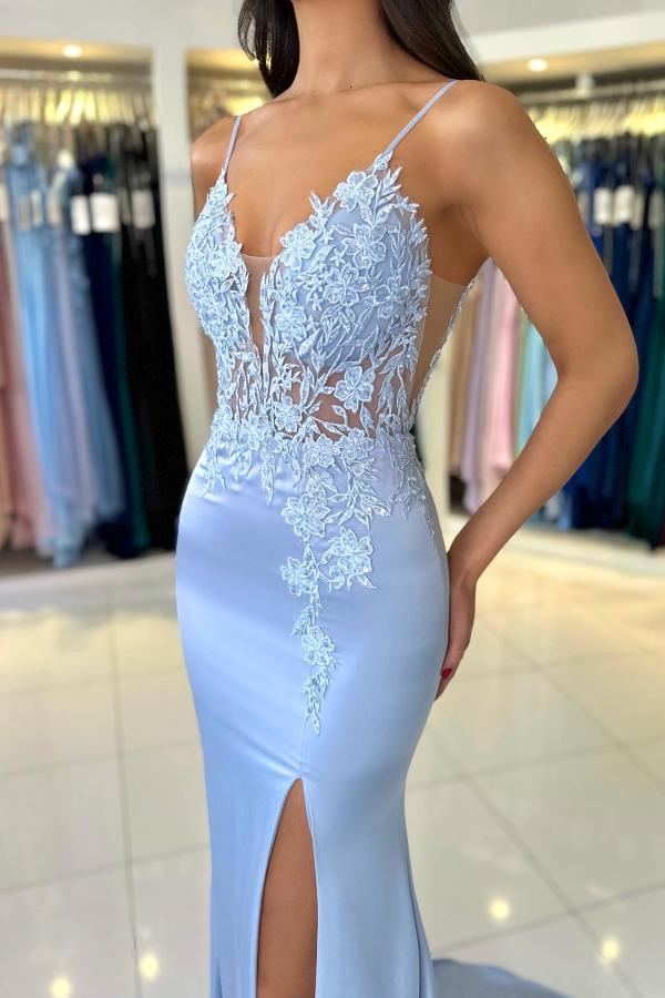 Long Mermaid V-Neck Spaghetti Straps Sleeveless Split Front Backless Prom Dresses-BallBride