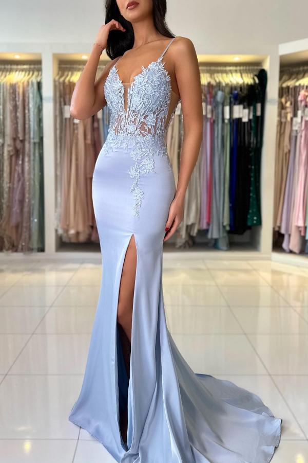 Long Mermaid V-Neck Spaghetti Straps Sleeveless Split Front Backless Prom Dresses-BallBride