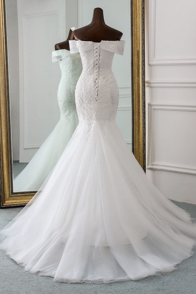 Long Mermaid Wedding Dress with Lace Appliques - Off-the-Shoulder-BallBride