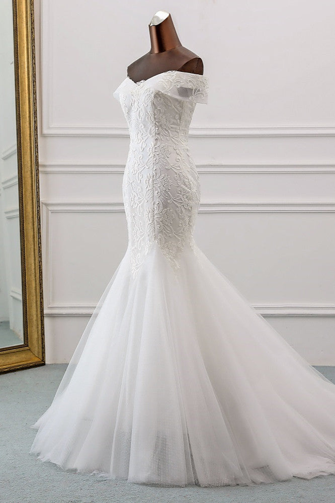 Long Mermaid Wedding Dress with Lace Appliques - Off-the-Shoulder-BallBride