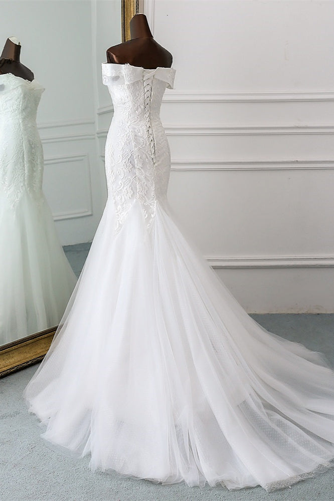 Long Mermaid Wedding Dress with Lace Appliques - Off-the-Shoulder-BallBride