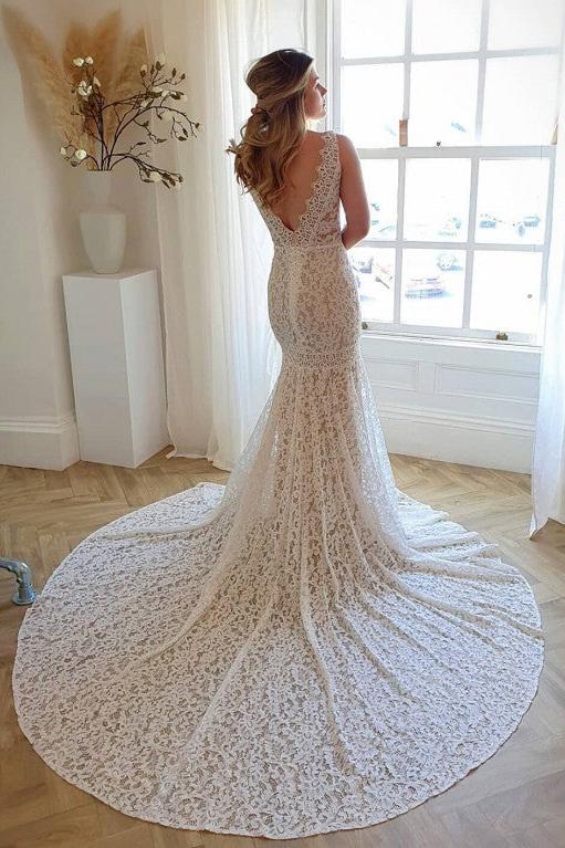 Long Mermaid Wedding Dress With Lace - Modest V-neck Open Back-BallBride