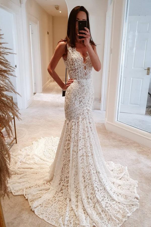 Long Mermaid Wedding Dress With Lace - Modest V-neck Open Back-BallBride