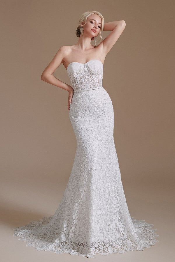Long Mermaid Wedding Dresses With Detachable Sleeves - Beautiful Sweetheart Lace-BallBride