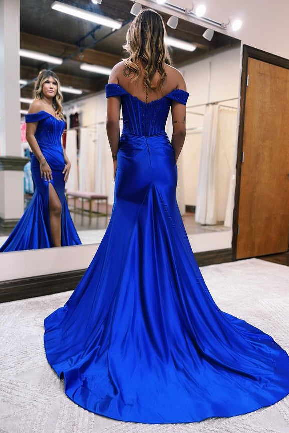 Long Off The Shoulder Mermaid Satin Lace Evening Prom Dress with Split-BallBride