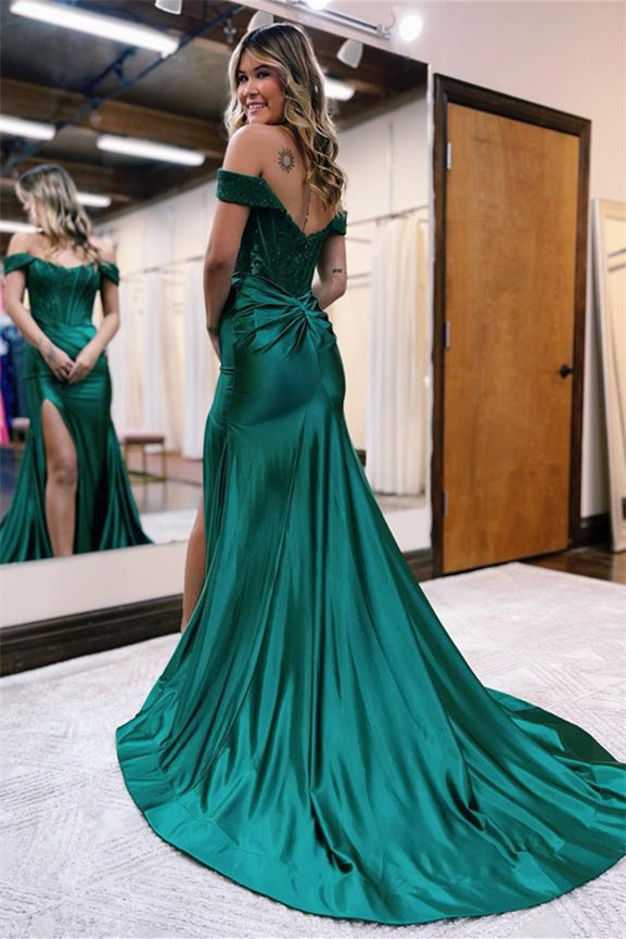 Long Off The Shoulder Mermaid Satin Lace Evening Prom Dress with Split-BallBride