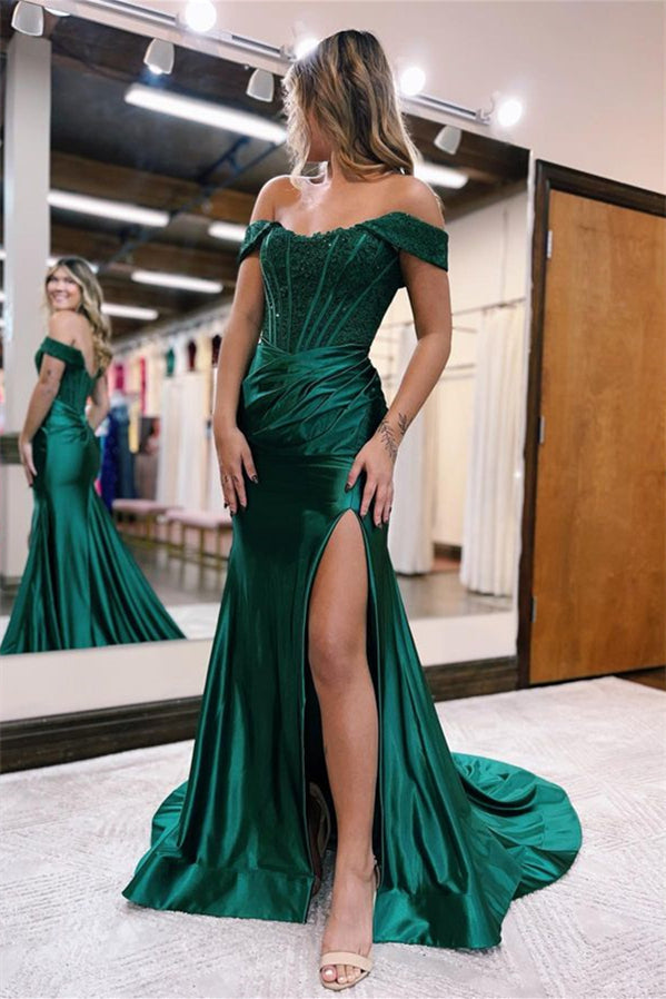 Long Off The Shoulder Mermaid Satin Lace Evening Prom Dress with Split-BallBride