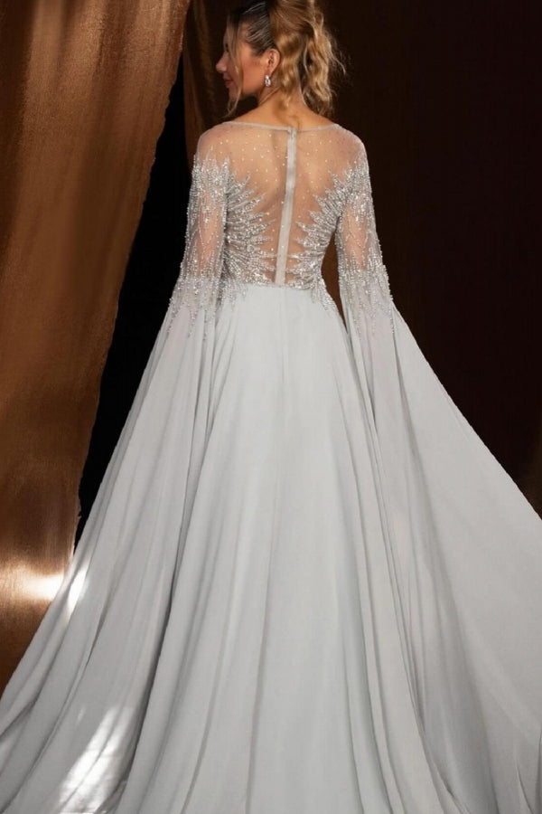 Long Poet Crew Neck A-Line Chiffon Appliques Prom Dress with Beads-BallBride