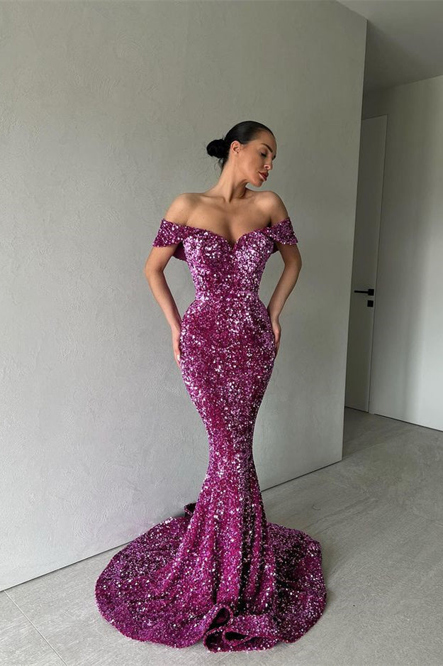 Long Purple Off-The-Shoulder Mermaid Evening Dress with Sequins-BallBride