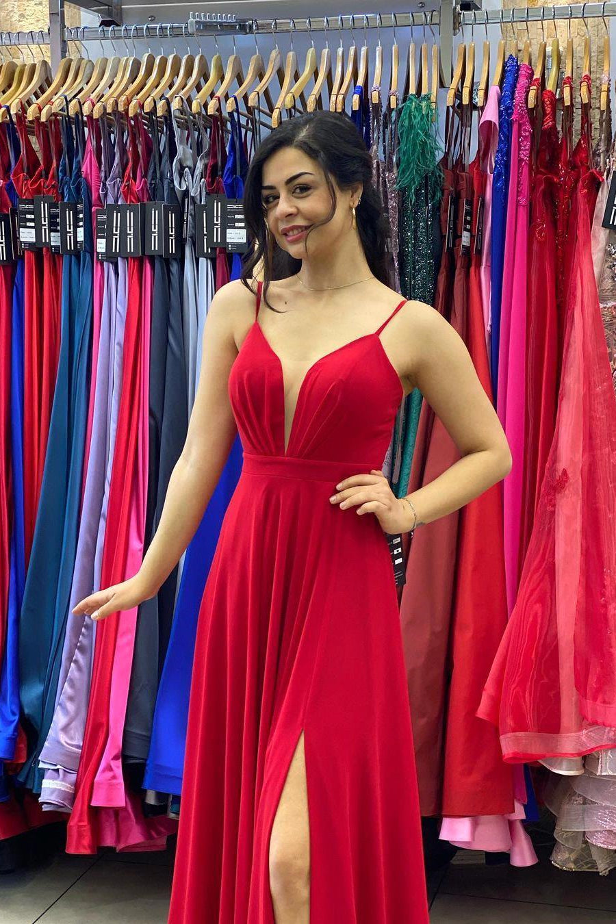 Long Red Prom Dress with Slit and Spaghetti-Straps-BallBride