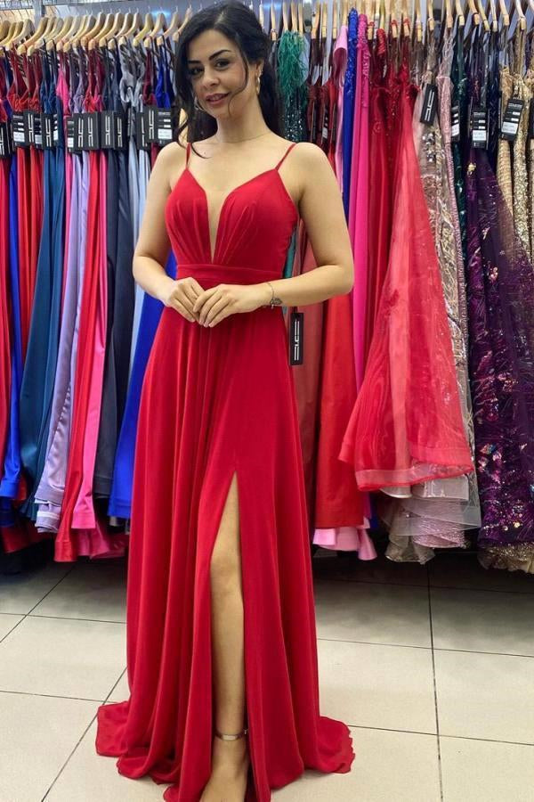 Long Red Prom Dress with Slit and Spaghetti-Straps-BallBride