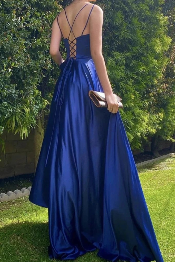 Long Royal Blue Prom Dress with String Back-BallBride