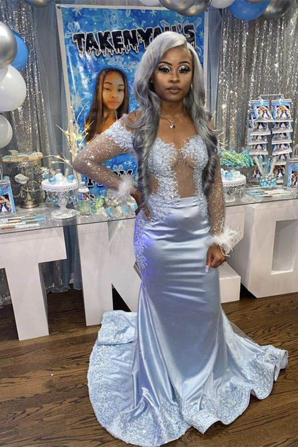 Long Sheer Sleeved Mermaid Prom Dress with Appliques and Feathers-BallBride