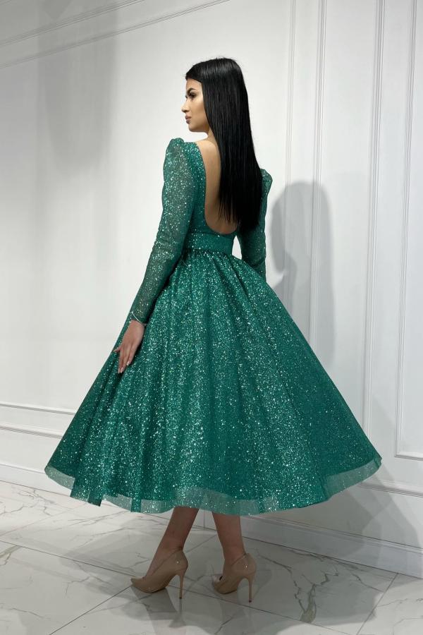 Long Sleeve Crew Neck A Line Tulle Prom Dress with Sequins-BallBride