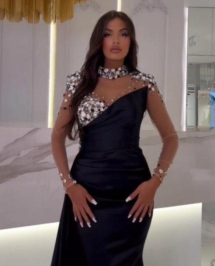 Long Sleeve Floor Length Mermaid Draped Satin Prom Dress with Beads-BallBride