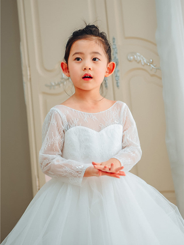 Long Sleeve Flower Girl Dress with Lace Tulle and Bows Belt-BallBride