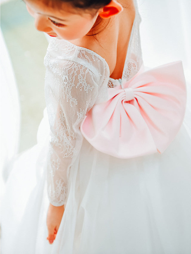 Long Sleeve Flower Girl Dress with Lace Tulle and Bows Belt-BallBride