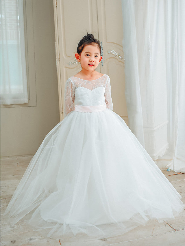 Long Sleeve Flower Girl Dress with Lace Tulle and Bows Belt-BallBride