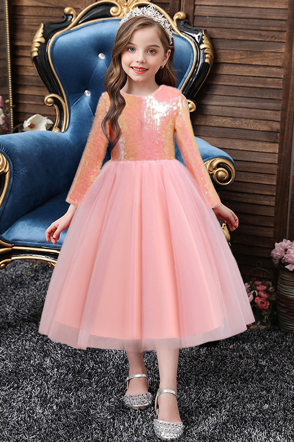Long Sleeve Flower Girl Dress with Sequins for a Tea Length Look-BallBride