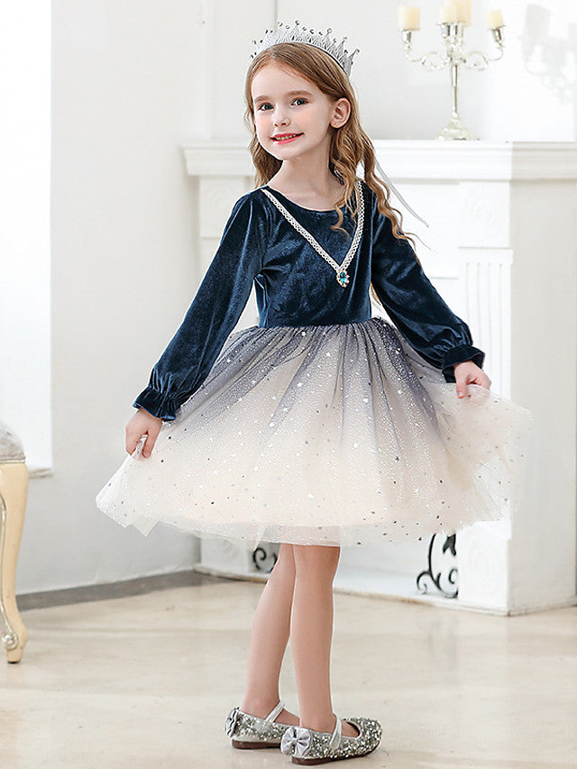 Long Sleeve Jewel Ball Gown Knee Length Flower Girl Dress with Crystals and Tulle Velvet-BallBride