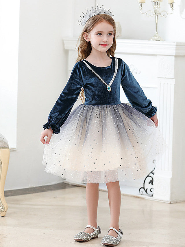 Long Sleeve Jewel Ball Gown Knee Length Flower Girl Dress with Crystals and Tulle Velvet-BallBride