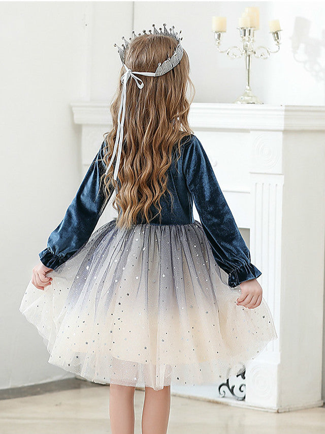 Long Sleeve Jewel Ball Gown Knee Length Flower Girl Dress with Crystals and Tulle Velvet-BallBride