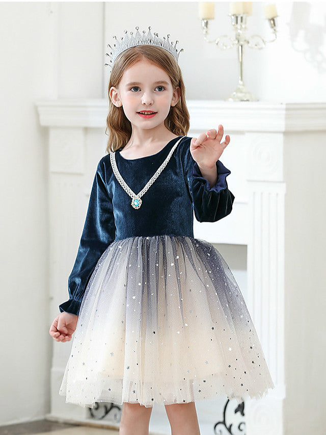 Long Sleeve Jewel Ball Gown Knee Length Flower Girl Dress with Crystals and Tulle Velvet-BallBride
