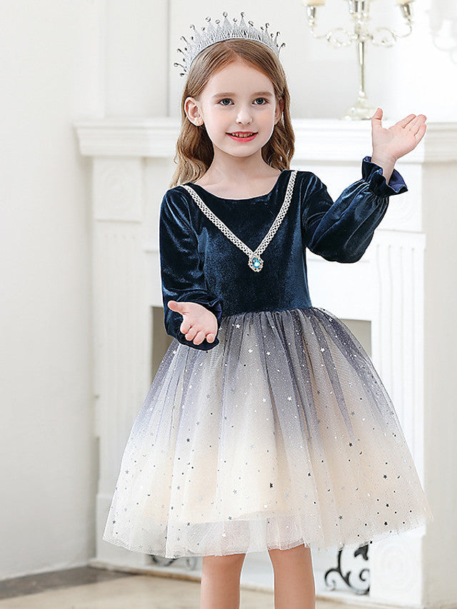 Long Sleeve Jewel Ball Gown Knee Length Flower Girl Dress with Crystals and Tulle Velvet-BallBride