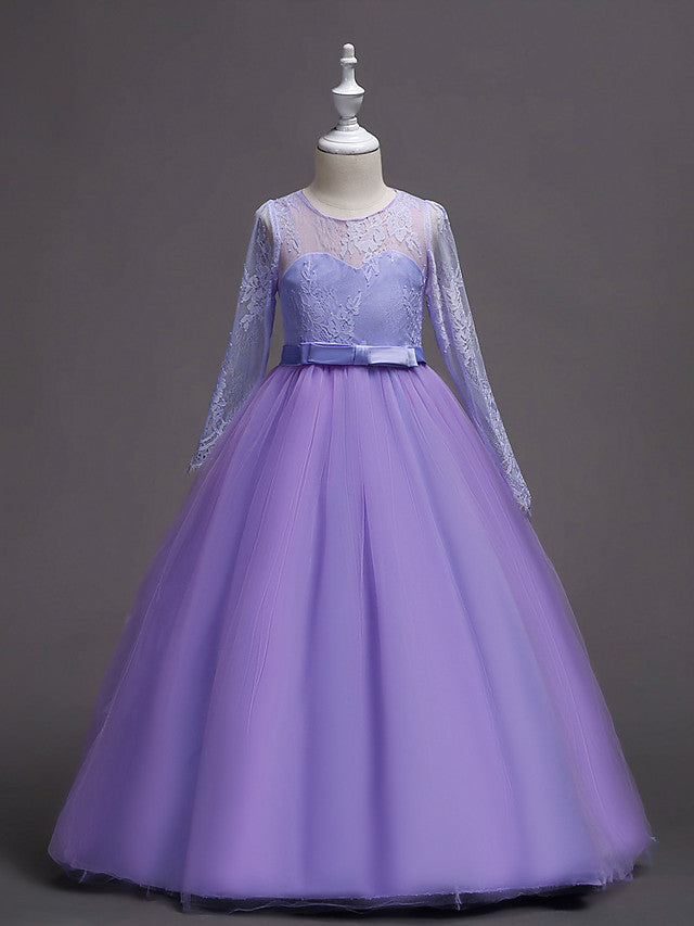 Long Sleeve Jewel Neck Lace Satin Tulle Flower Girl Dress with Lace Belt-BallBride