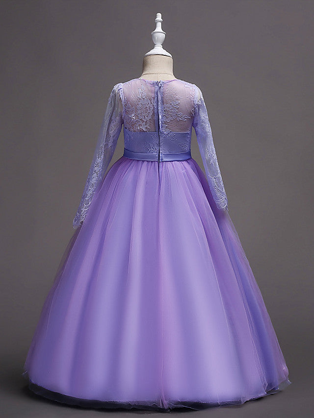 Long Sleeve Jewel Neck Lace Satin Tulle Flower Girl Dress with Lace Belt-BallBride