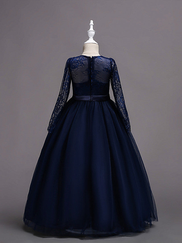 Long Sleeve Jewel Neck Lace Satin Tulle Flower Girl Dress with Lace Belt-BallBride