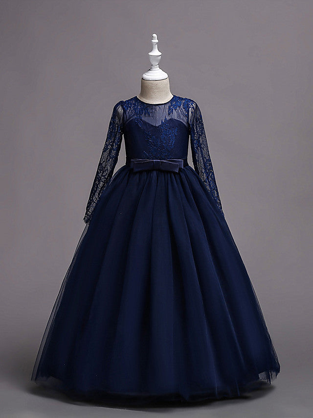 Long Sleeve Jewel Neck Lace Satin Tulle Flower Girl Dress with Lace Belt-BallBride