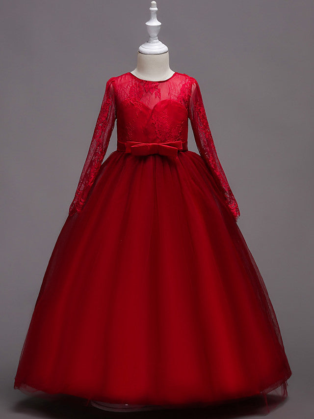 Long Sleeve Jewel Neck Lace Satin Tulle Flower Girl Dress with Lace Belt-BallBride