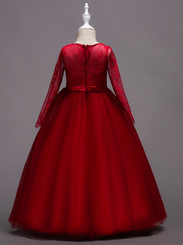 Long Sleeve Jewel Neck Lace Satin Tulle Flower Girl Dress with Lace Belt-BallBride