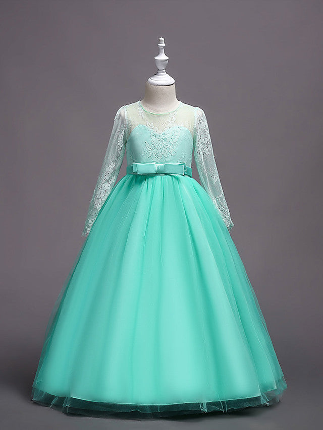 Long Sleeve Jewel Neck Lace Satin Tulle Flower Girl Dress with Lace Belt-BallBride