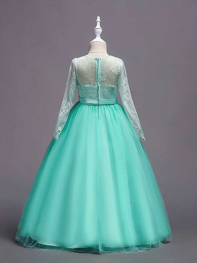 Long Sleeve Jewel Neck Lace Satin Tulle Flower Girl Dress with Lace Belt-BallBride